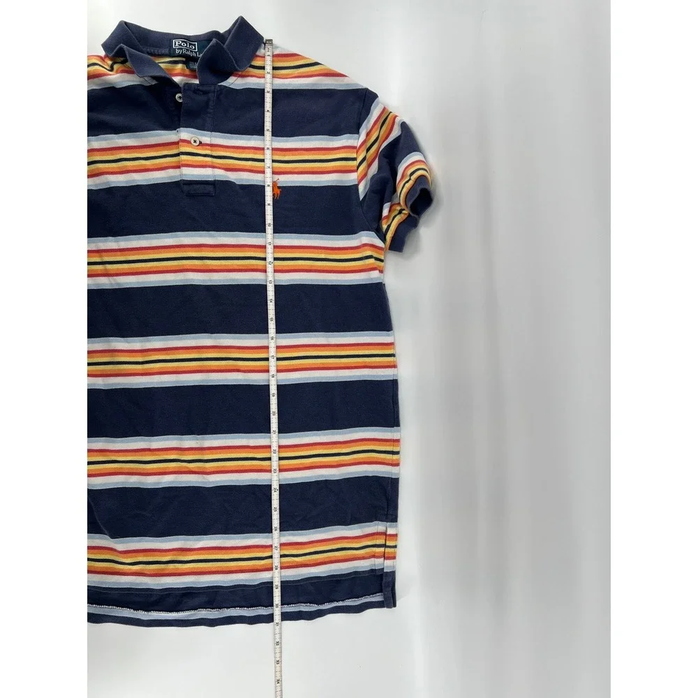 Polo Ralph Lauren Mens Large Navy Blue Multi Color Striped Cotton Polo Shirt L
